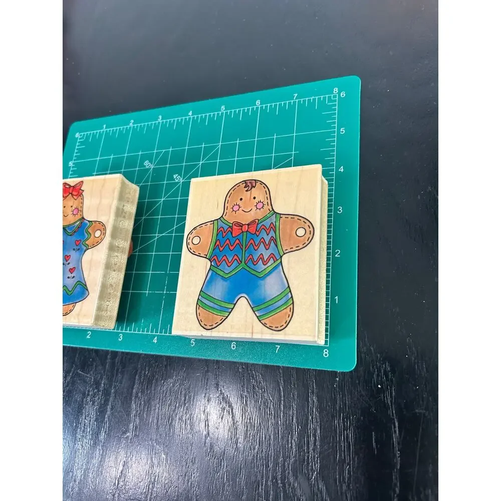 Vtg 98 Set of 2 Wood Mounted Rubber Stamp- Mr & Mrs Gingerbread Garland preowned